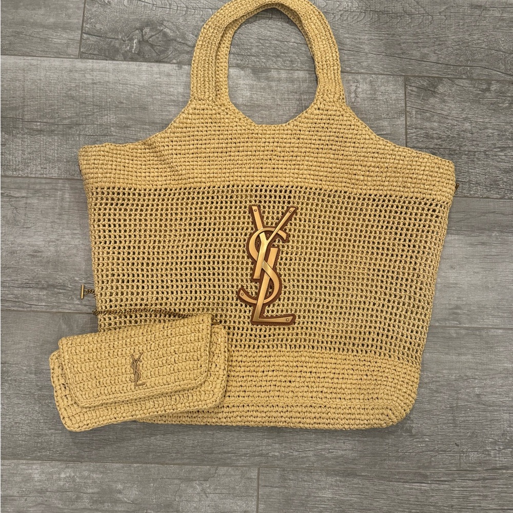 Yves Saint Laurent Tan Crochet Tote Bag